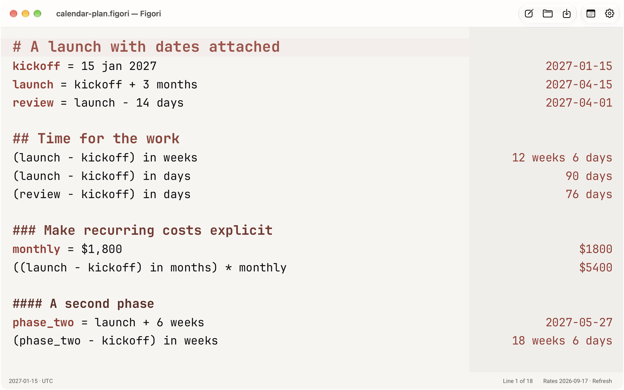 Figori calendar plan with a fixed January 2027 kickoff, launch and review dates, durations in weeks and days, and a monthly cost calculation.