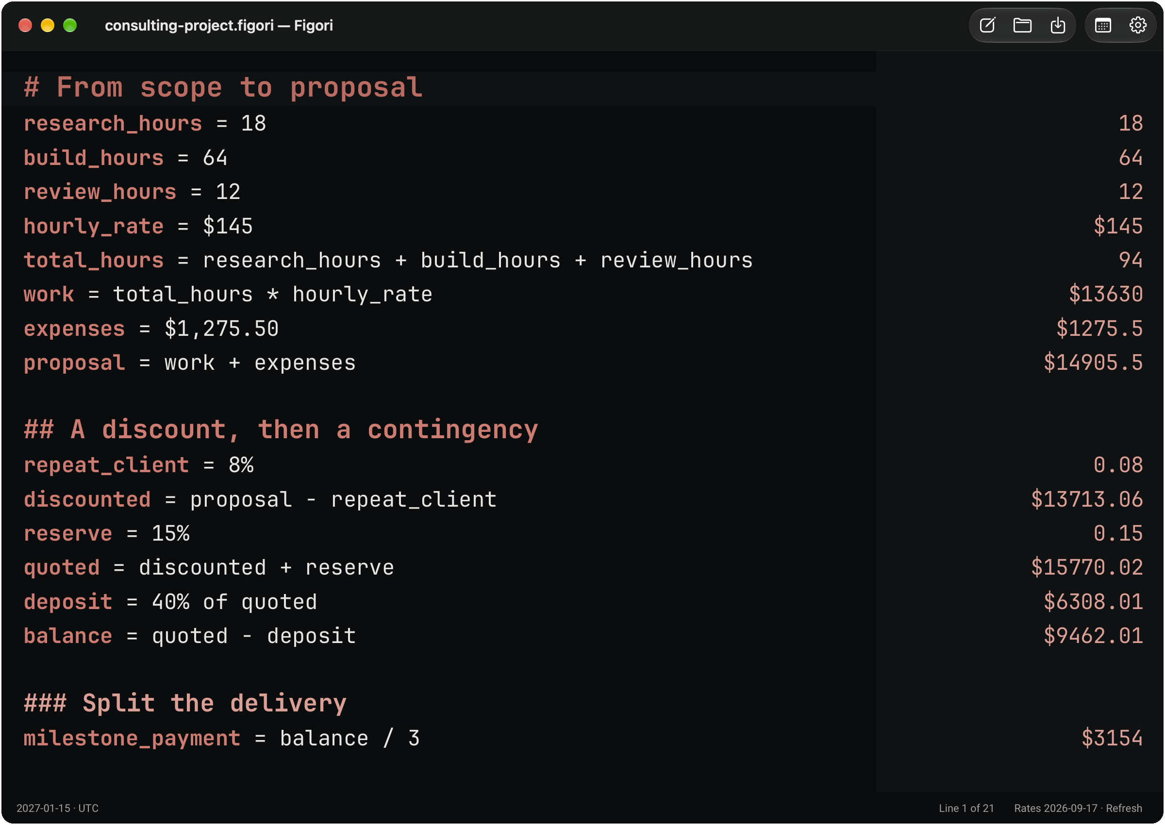 Figori calculating a consulting proposal from research, build and review hours, with an eight percent discount, contingency and deposit.