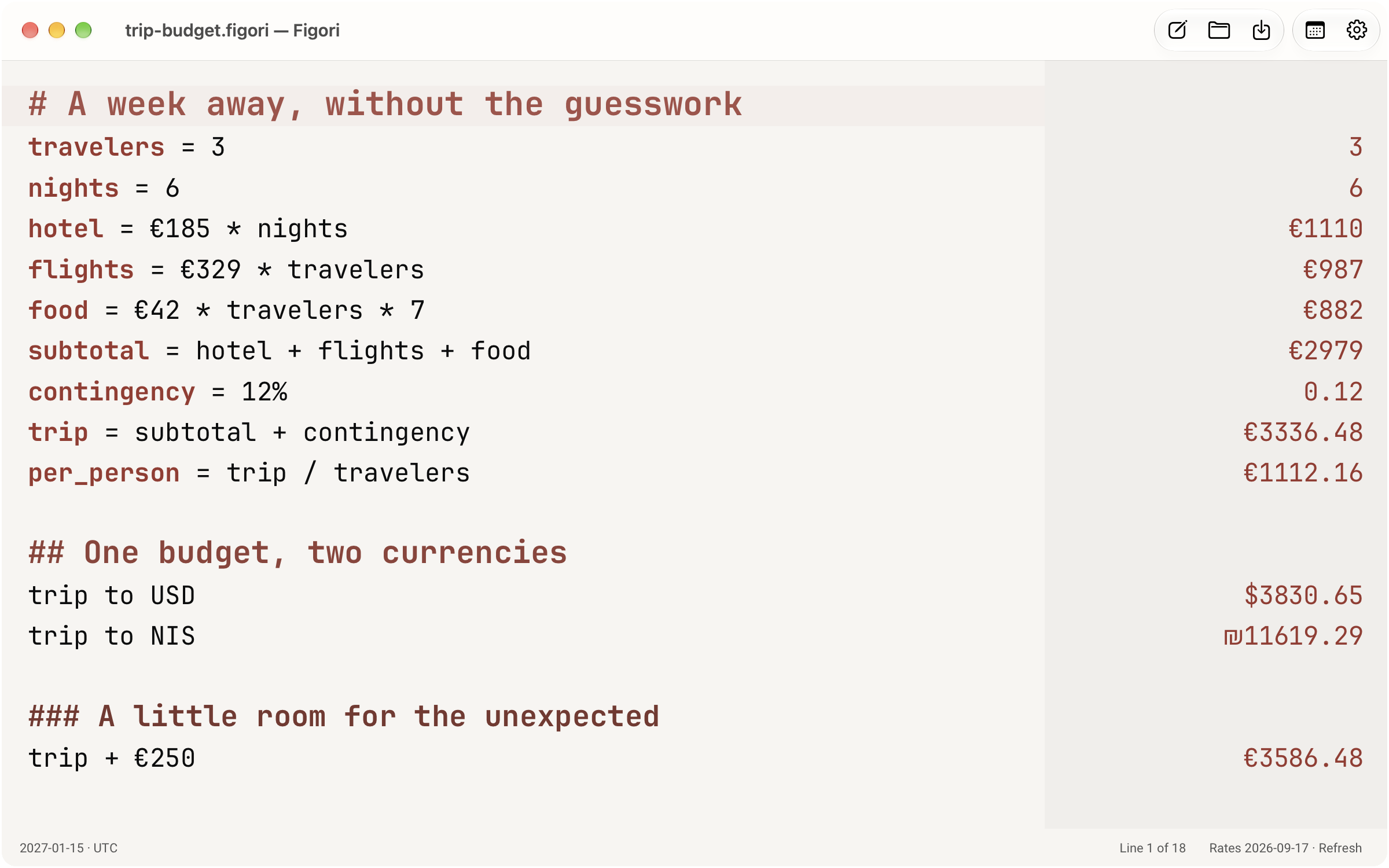 Native Figori worksheet totaling hotel, flights and food for three travelers, adding contingency and converting the trip cost into USD and shekels.